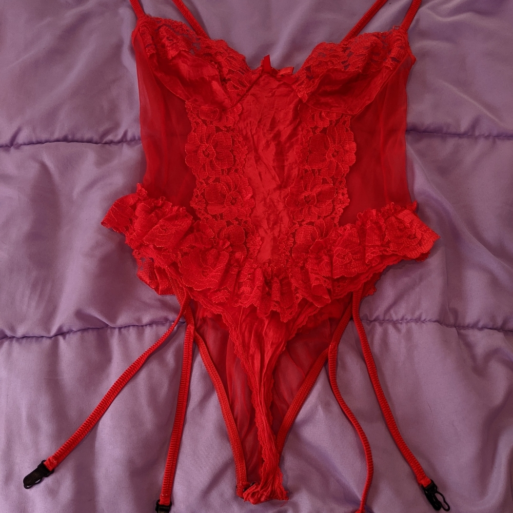 Vintage cherry bomb red lingerie bodysuit.